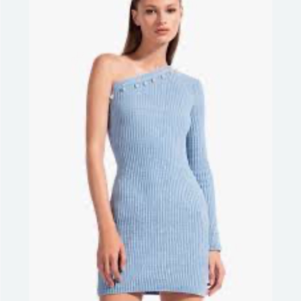STAUD Blue Asymmetrical Ribbed One-Shoulder Dress